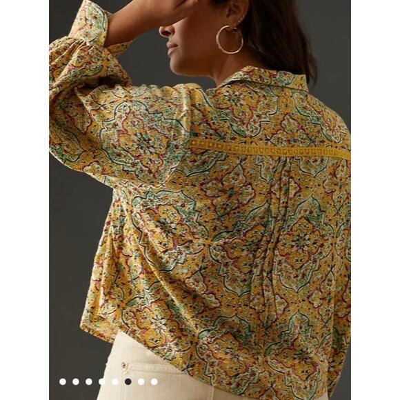 Anthropologie Pilcro Sz 1X Pintuck Peasant Blouse Yellow Floral Crochet Cottage - Picture 3 of 16